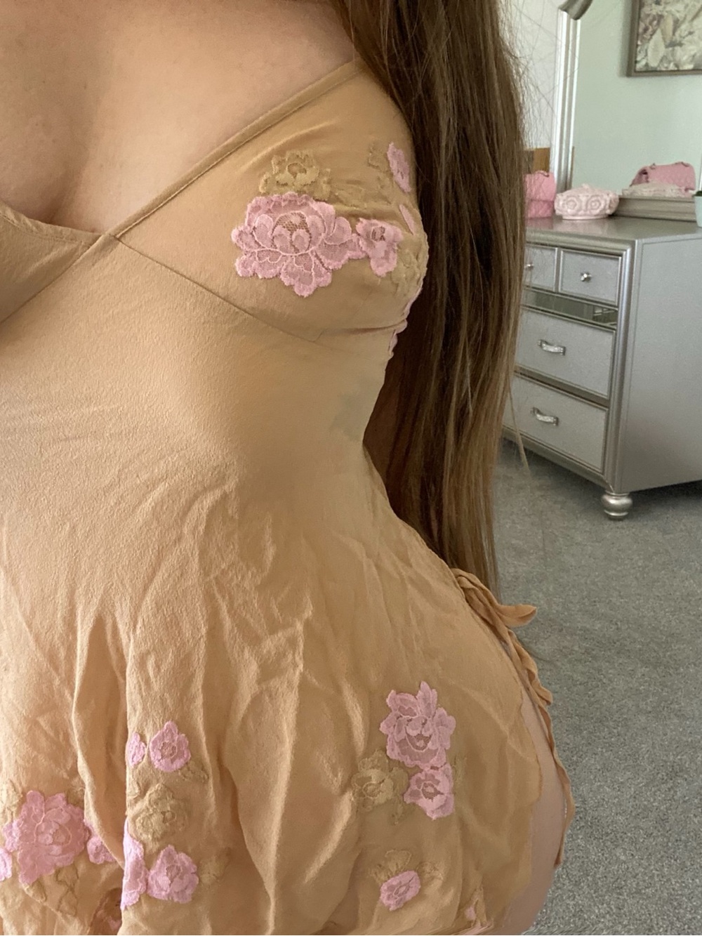 Women's Tan Slip Dress with Pink Floral Embroidery
